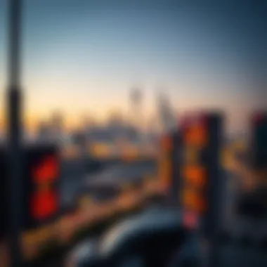 Dubai Skyline and Gas Price Indicators A skyline of Dubai with gas price indicators