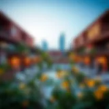 A panoramic view of Boxpark Dubai showcasing its unique architectural design