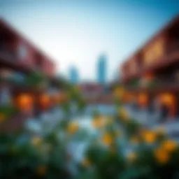 A panoramic view of Boxpark Dubai showcasing its unique architectural design
