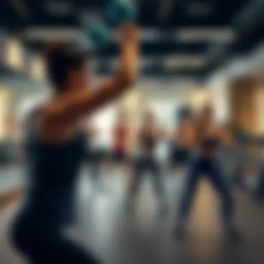 Dynamic Group Fitness Experience Group fitness class in an upscale private gym